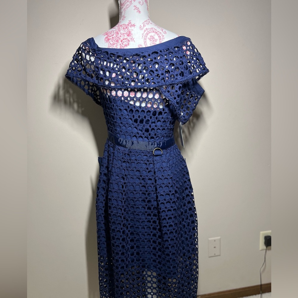 NWT LUXE Self Portrait Replica Navy One Shoulder Guipure Lace Midi Dress sz 8 - Picture 4 of 14